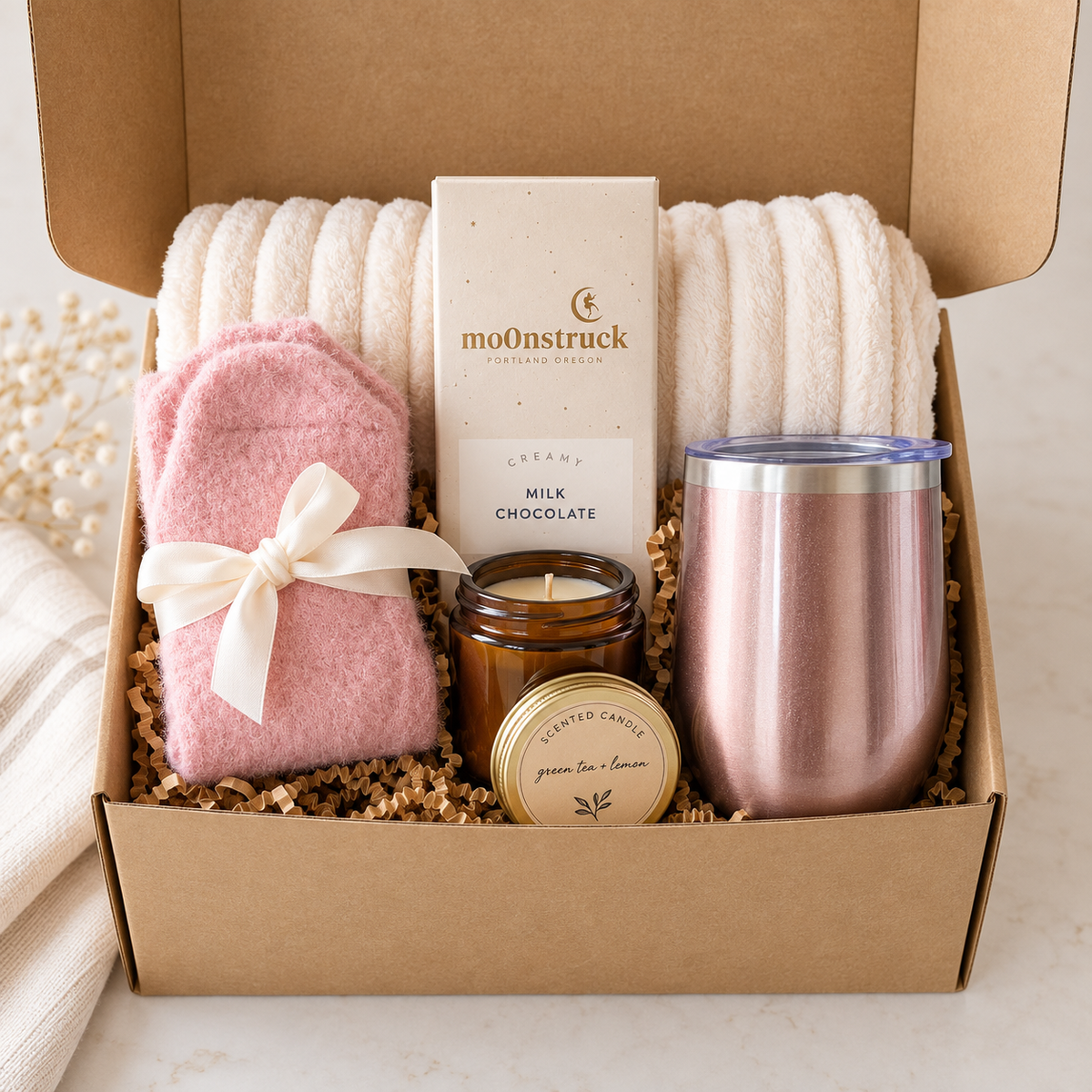 Cozy Self Care Gift Box | Blanket, Tumbler, Fuzzy Socks, Candle & Chocolate