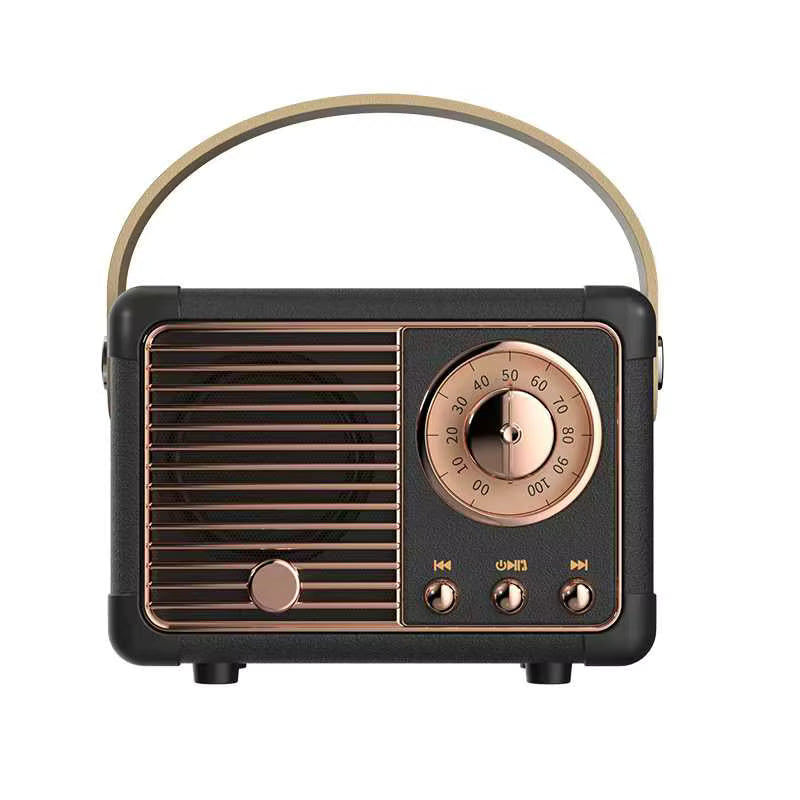 Vintage-style radio with black and bronze design on a white background