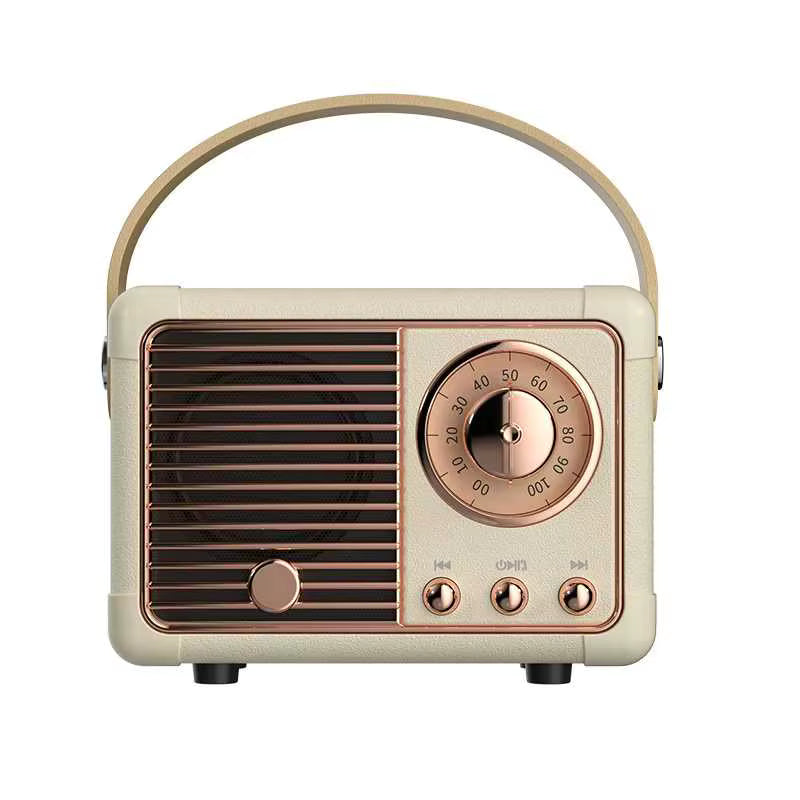 Vintage-style radio with beige and rose gold design on a white background