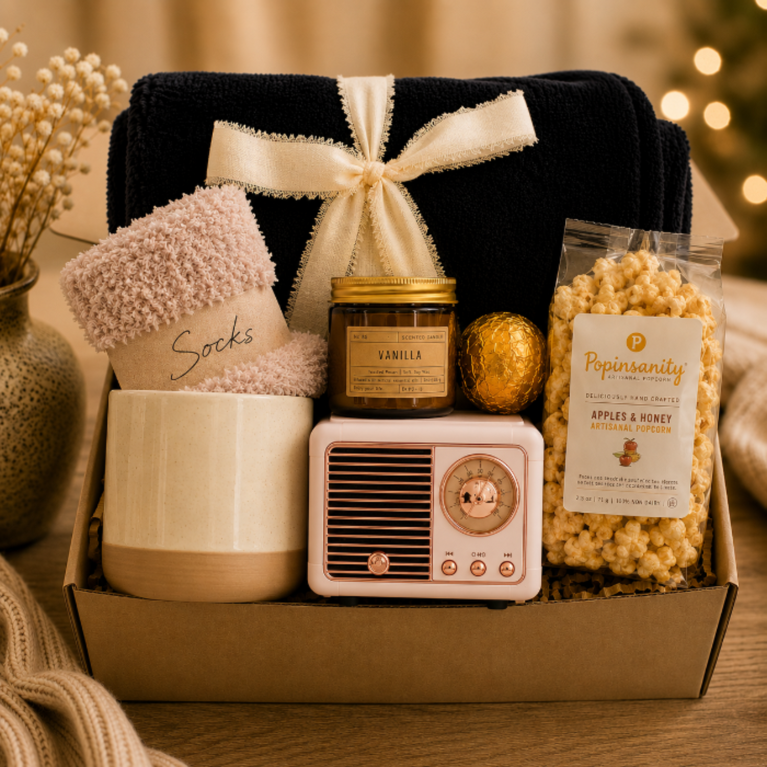 A curated gift box set on a wooden table featuring a black plush blanket with a cream ribbon, pink textured socks, a cream ceramic mug, a vanilla jar candle, a gold foil chocolate, a retro-style pink radio, and a bag of Popinsofty apple and honey popcorn.