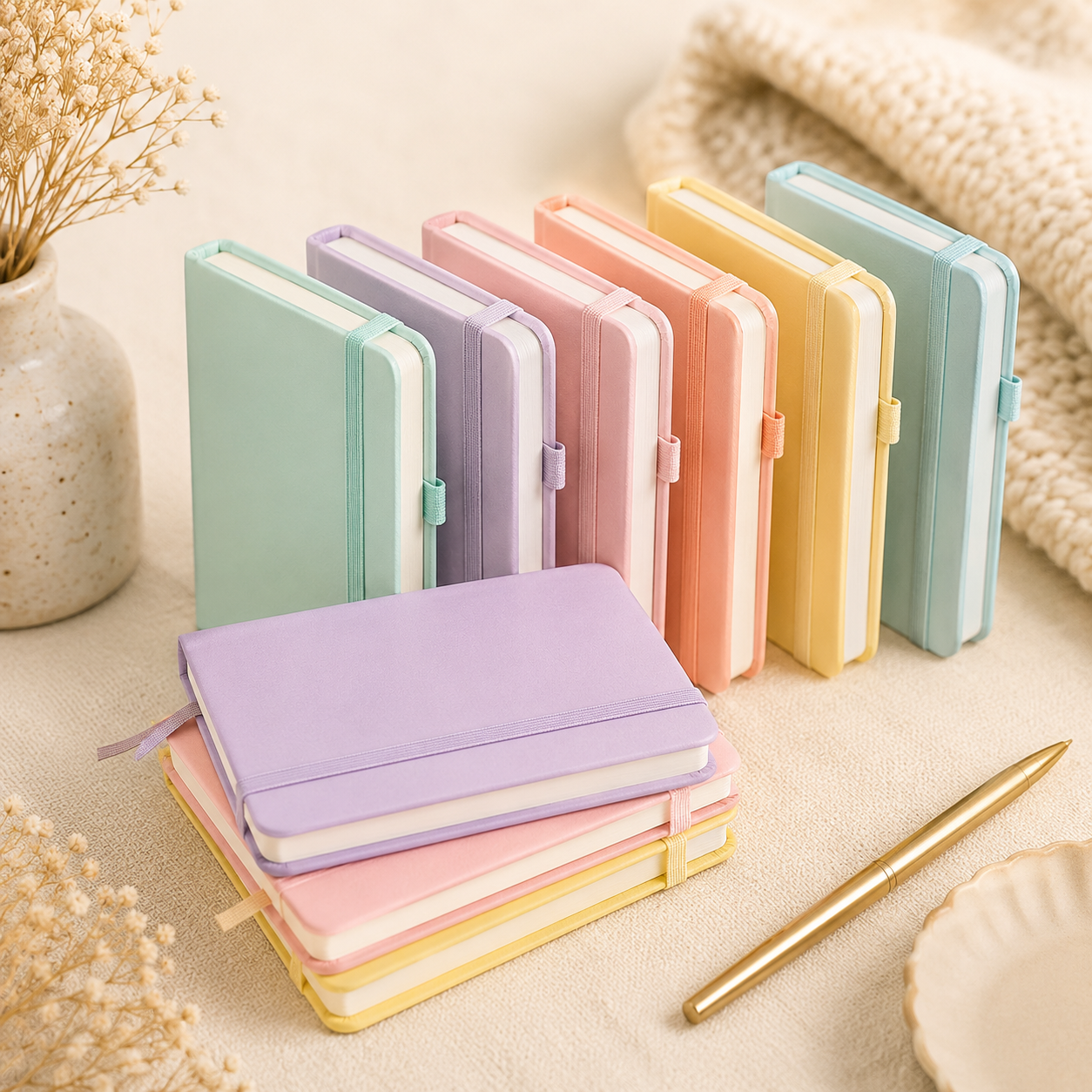 A set of pastel-colored hardcover notebooks arranged on a cream fabric surface, with a gold pen nearby and dried flowers in a vase. The notebooks come in mint green, lavender, pink, peach, yellow, and light blue.