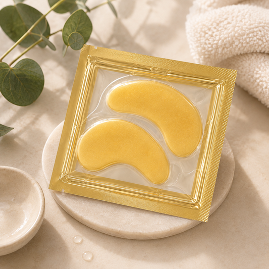 A gold foil packet containing two yellow crescent-shaped eye mask patches, styled on a round stone dish with green leaves and a white towel in the background.